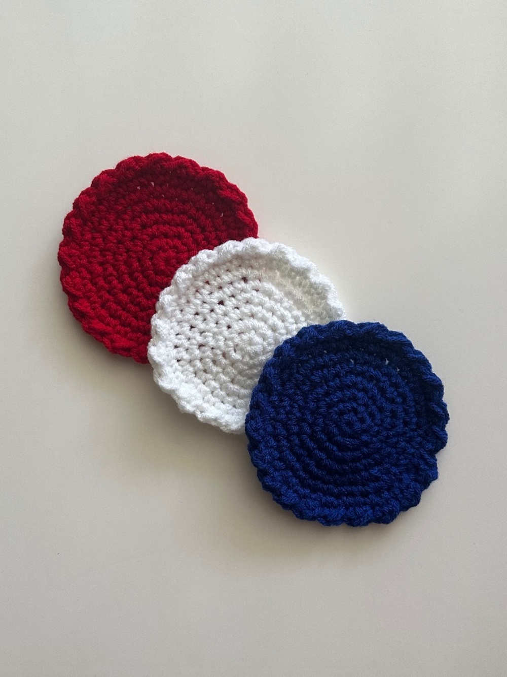 Red, White, and Blue Handmade Crochet Coasters (3 total)